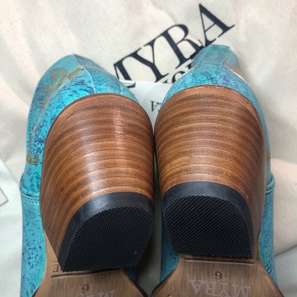 Myra Turquoise Ankle Booties with Gold Accents. Run Large - Picture 7 of 16